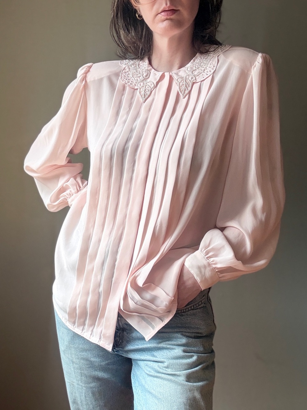 Vintage 80s Pink Pleated Secretary Blouse | Beaded Lace Collar Puff Sleeve | XL - Picture 2 of 10